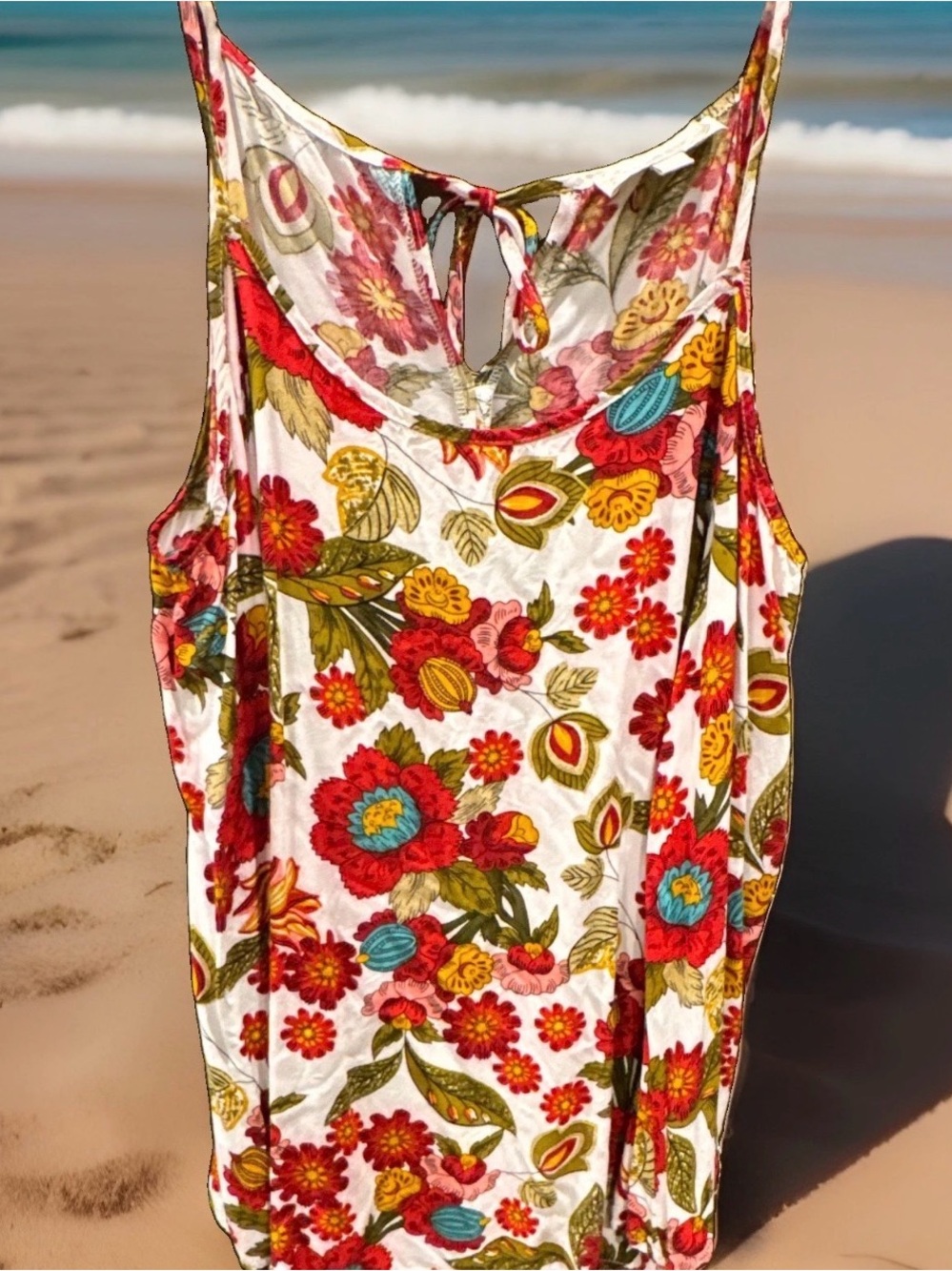 Suzanne Betro White Floral Tank with Red, Yellow & Teal Accents